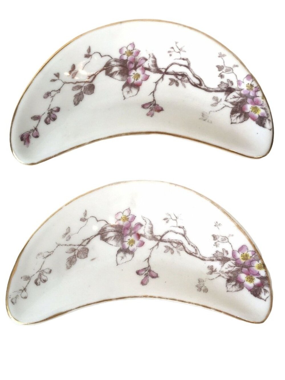 Antique Karlsbad BBD Austria Porcelain Cresent Bone Dishes Cherry Blossom 7" Set